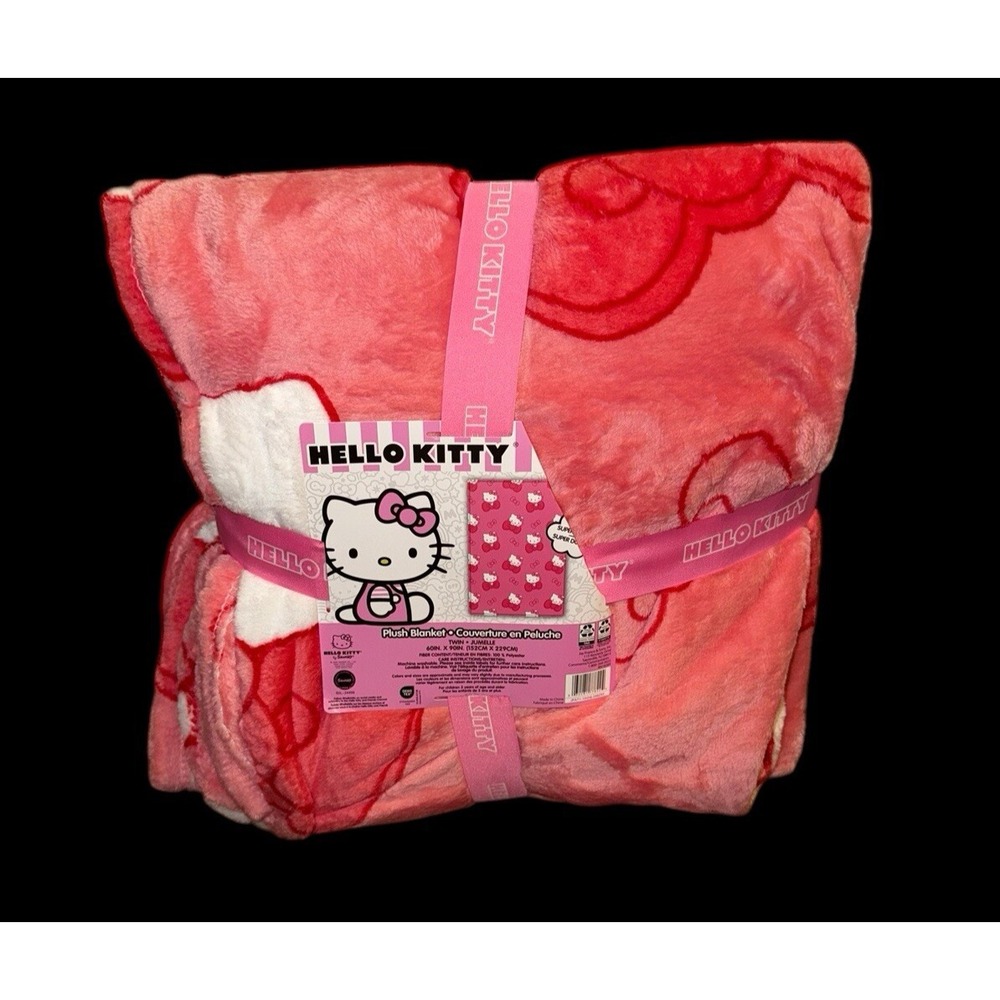 New Hello Kitty with Bow Pink Valentine's Day Plush‎ Blanket TWIN Sanrio